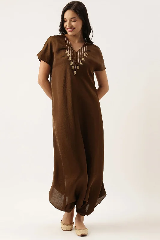 Brown Silk Embroidered Jumpsuit