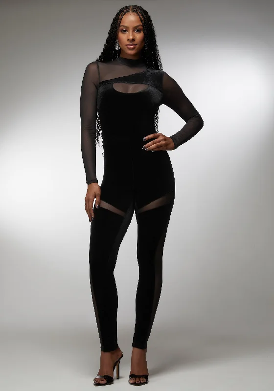 Combo Velour And Mesh Catsuit