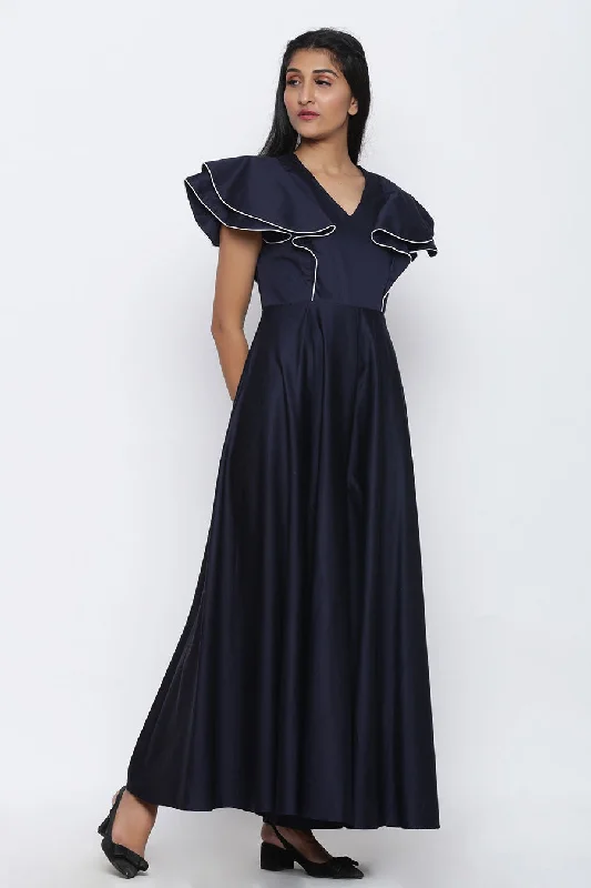 Navy Blue Circular Drama Flare Jumpsuit