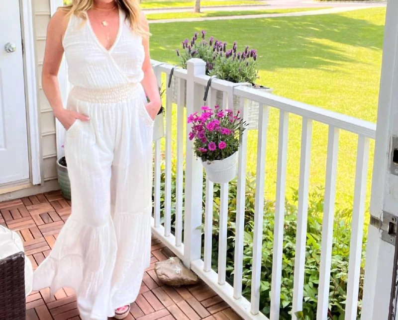 Gauze Embroidered Jumpsuit In White & Natural