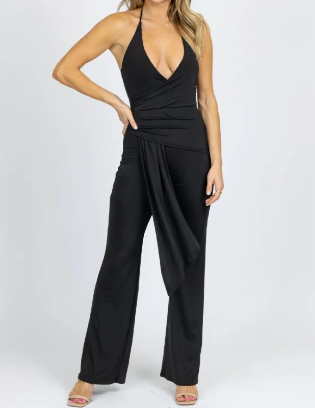 Halter Ruche Front Jumpsuit In Black