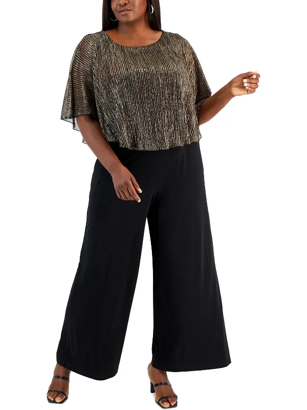 Plus Womens Metallic Overlay Shimmer Jumpsuit