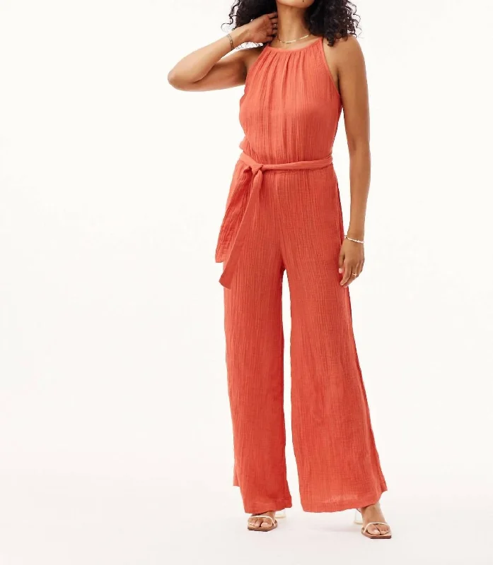 Smocked Back Cami Jumpsuit In Papaya Red