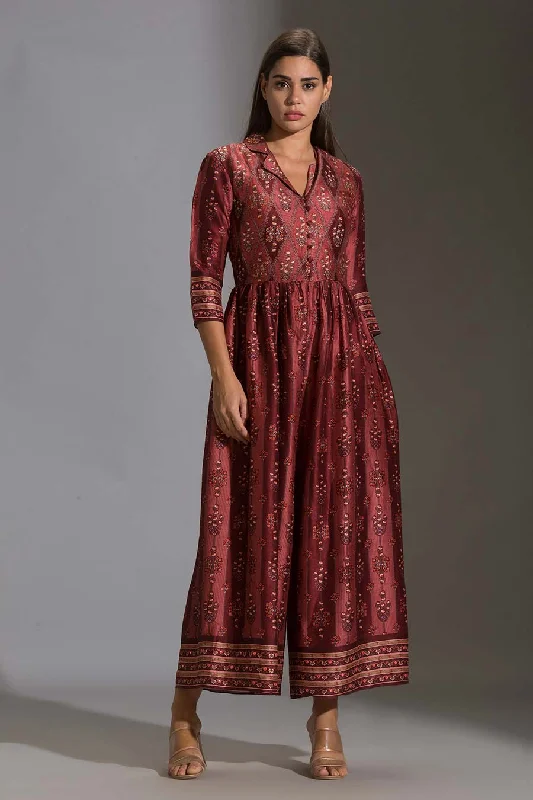 Maroon Printed Silk Jumpsuit