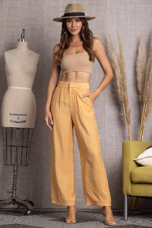 CARAMEL PLEATED LINEN WIDE LEG PANTS-VE60043BOT