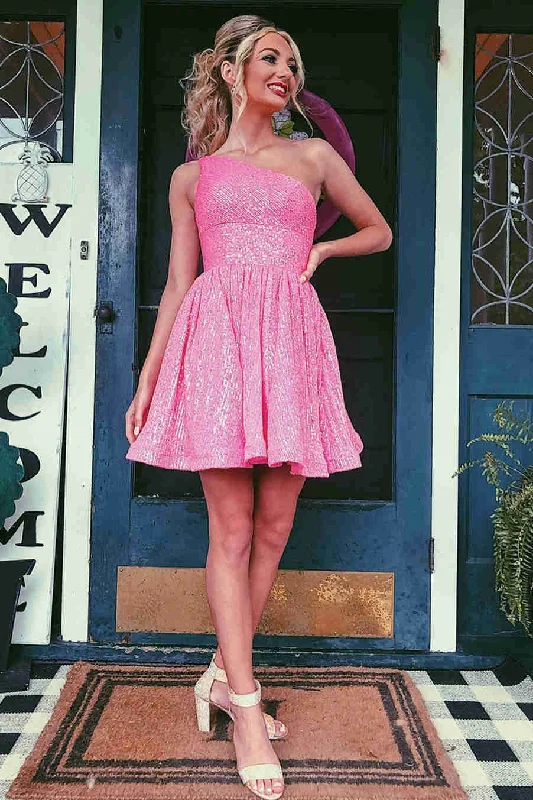 A-Line Hot Pink One Shoulder Short Homecoming Dress