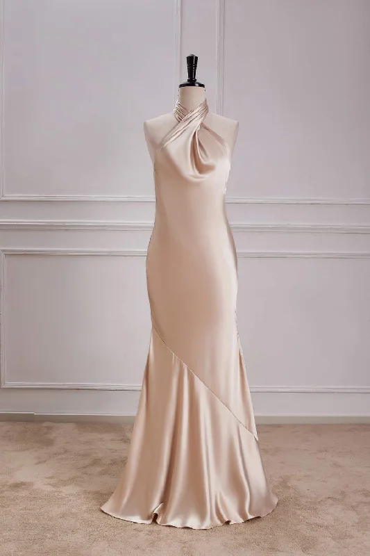 Champagne Crossed Halter Mermaid Bridesmaid Dress