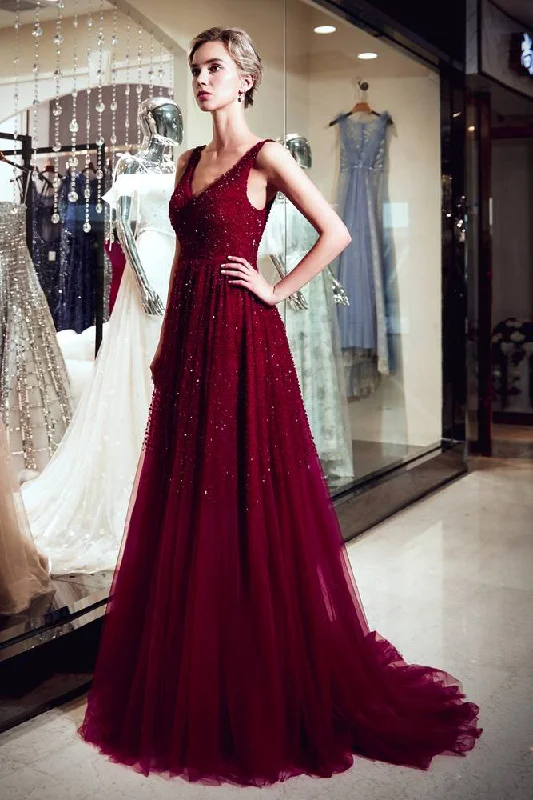 Sparkling V-Neck Sequined Burgundy Sweep Prom Dress