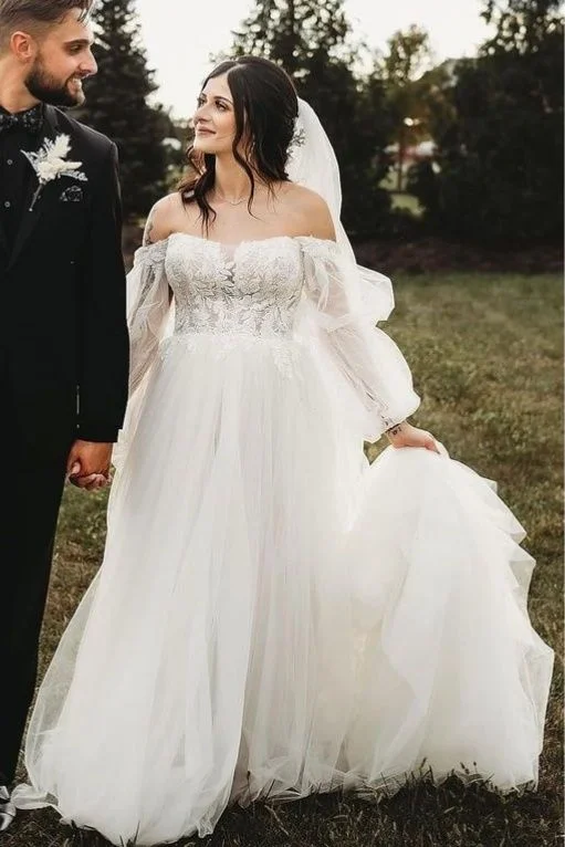 Off the Shoulder Applique Wedding Dress with Long Sleeves