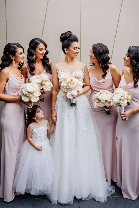 Gorgous Pink Slip Long Bridesmaid Dress with Spaghetti Straps