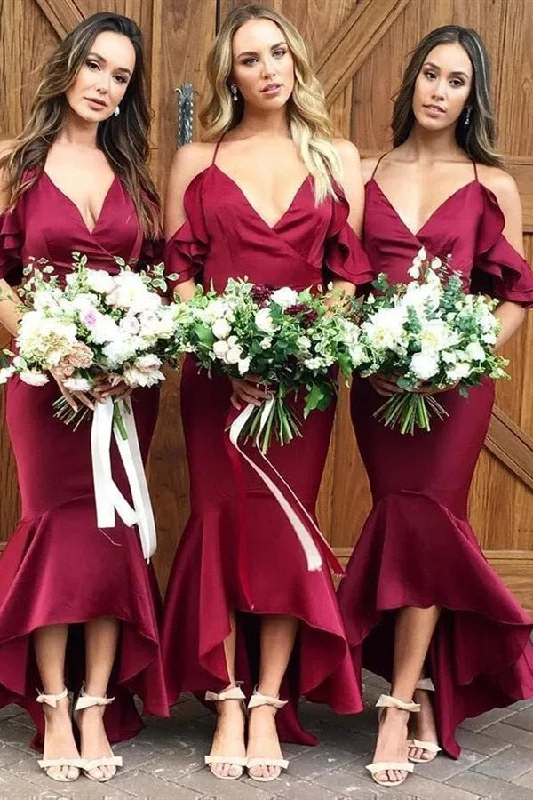 High Low V Neck Mermaid Burgundy Bridesmaid Dress