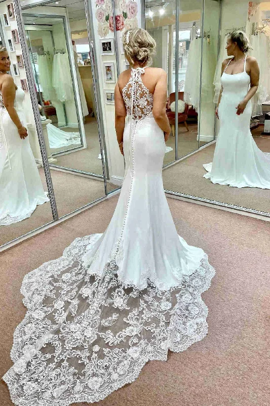 Mermaid Halter White Long Bridal Dress with Lace Sweep Train