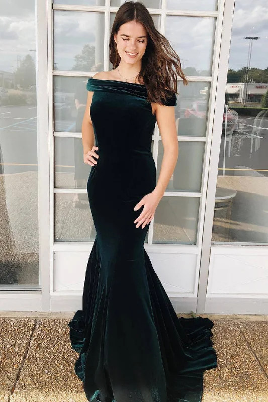 Off the Shoulder Dark Green Velvet Evening Dress