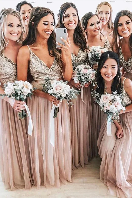 Pink Long Bridesmaid Dress with Silver Sequins Top