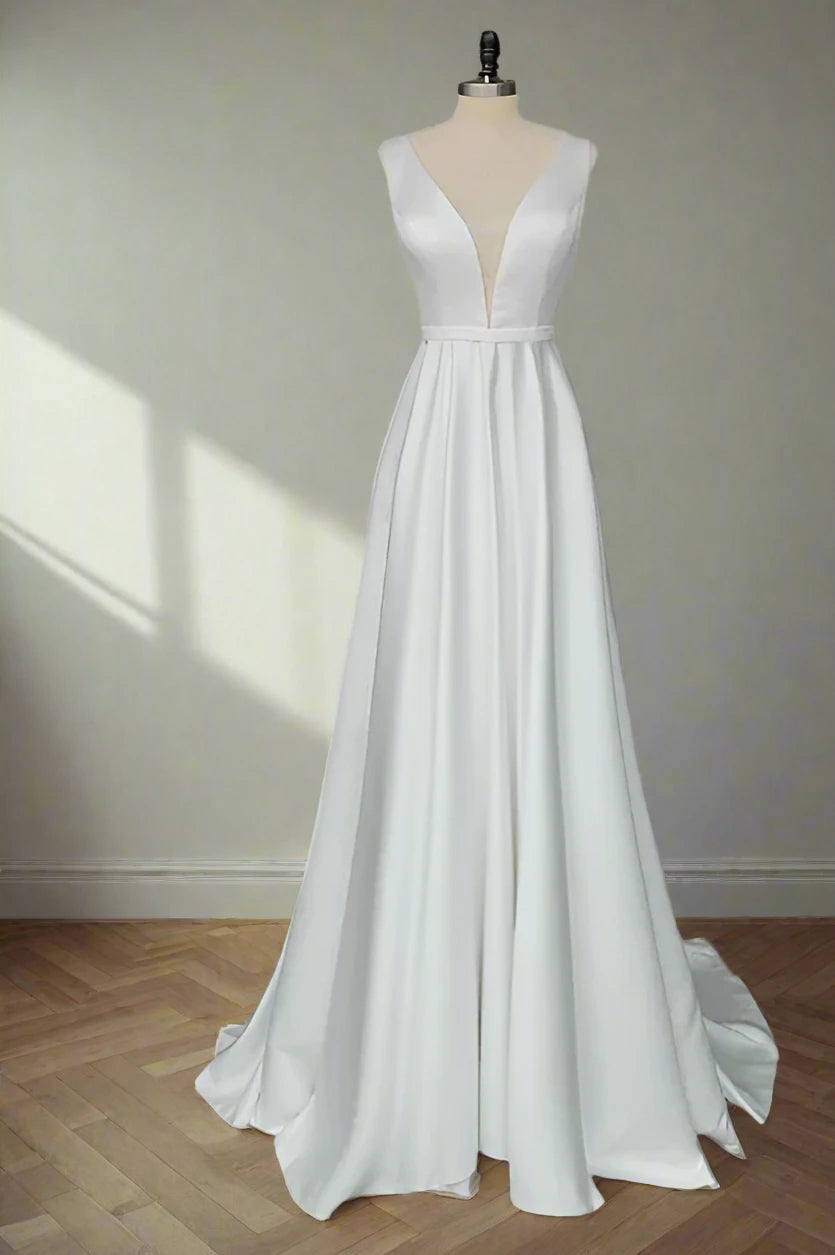 Plunging-Neck Satin Wedding Dress with Cross Back