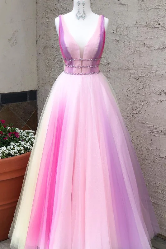 Princess V Neck A-Line Ombre Purple Long Prom Dress