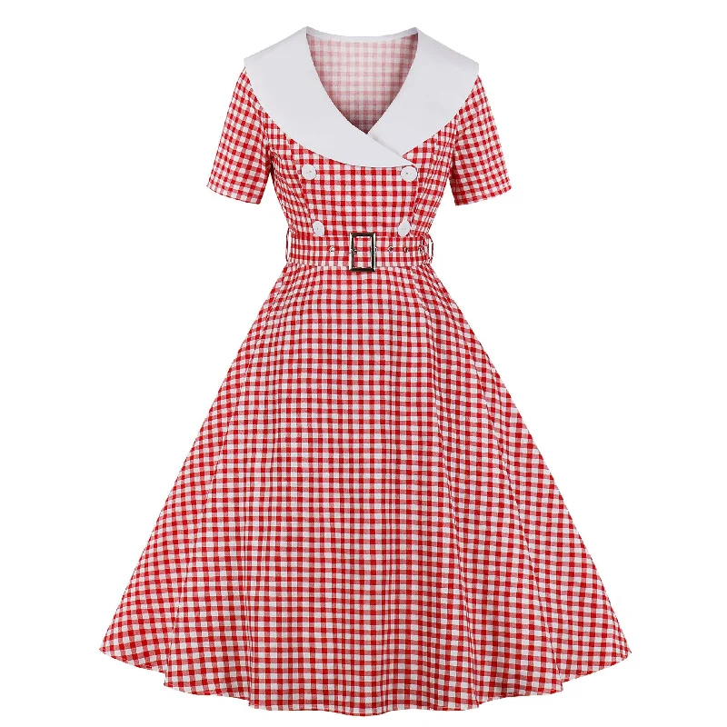 Red Plaid V-Neck 1950s Dress With Short Sleeves