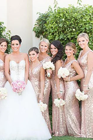 Sheath Rose Gold Sequins Long Bridesmaid Dress