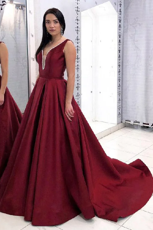 Straps U-Back Burgundy Long Prom Dress