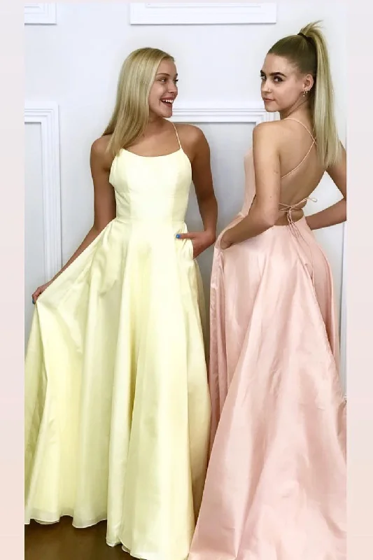 Spaghetti Straps A-Line Long Daffodil Prom dress with Criss Back