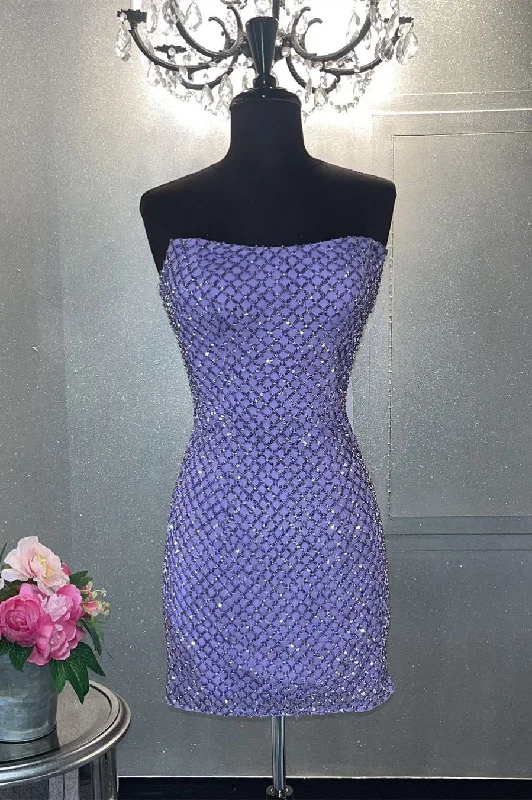 Strapless Lavender Rhinestones Grid Homecoming Dress