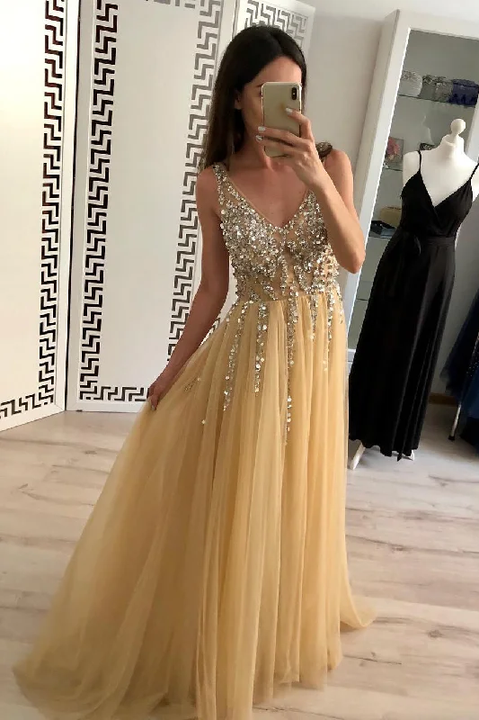 Straps Beading Long Tulle Gold Prom Dress with Open Back