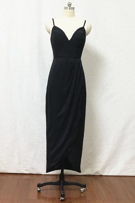 Straps Black Sheath Tea Length Bridesmaid Dress