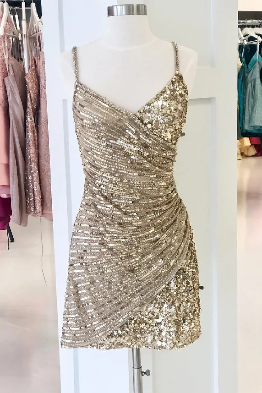 Straps Champagne Sequins Short Party Dress