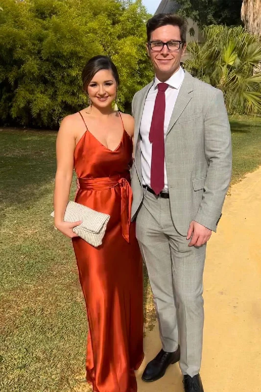 Straps V-Neck Burnt Orange Long Bridesmaid Dress