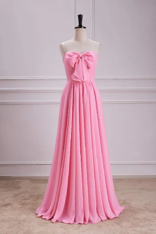 Sweetheart Candy Pink A-Line Chiffon Maxi Dress with Bow