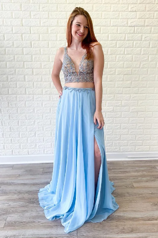 Two Piece V Neck Beaded Sky Blue Prom Dress with Slit