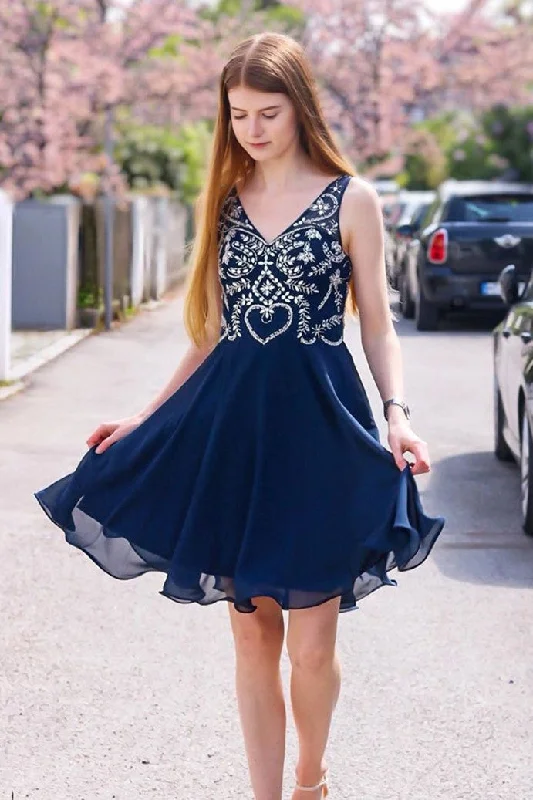 V Neck Beaded Navy Blue Homecoming Dress