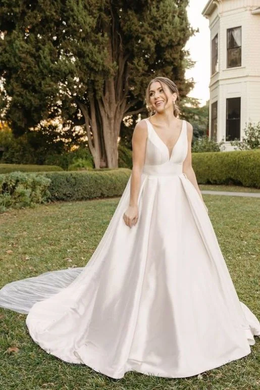 V-Neck Satin Wedding Dress with A-Line