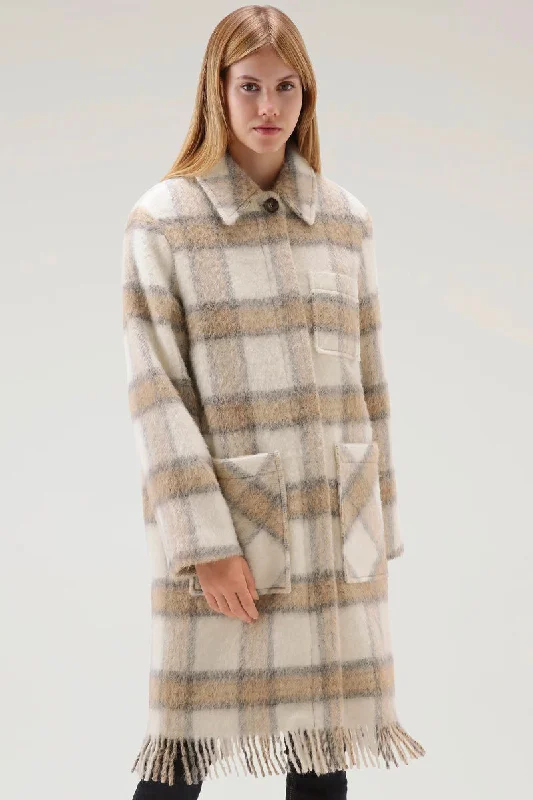 Brushed Wool Long Overshirt with Fringe Cream Check