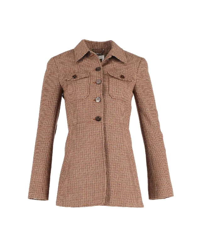 Chloe Single-Breasted Houndstooth Jacket in Brown Wool