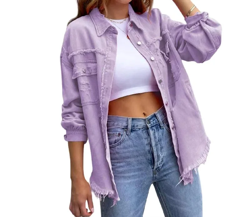 Ripped Long-Sleeved Denim Jacket In Violet