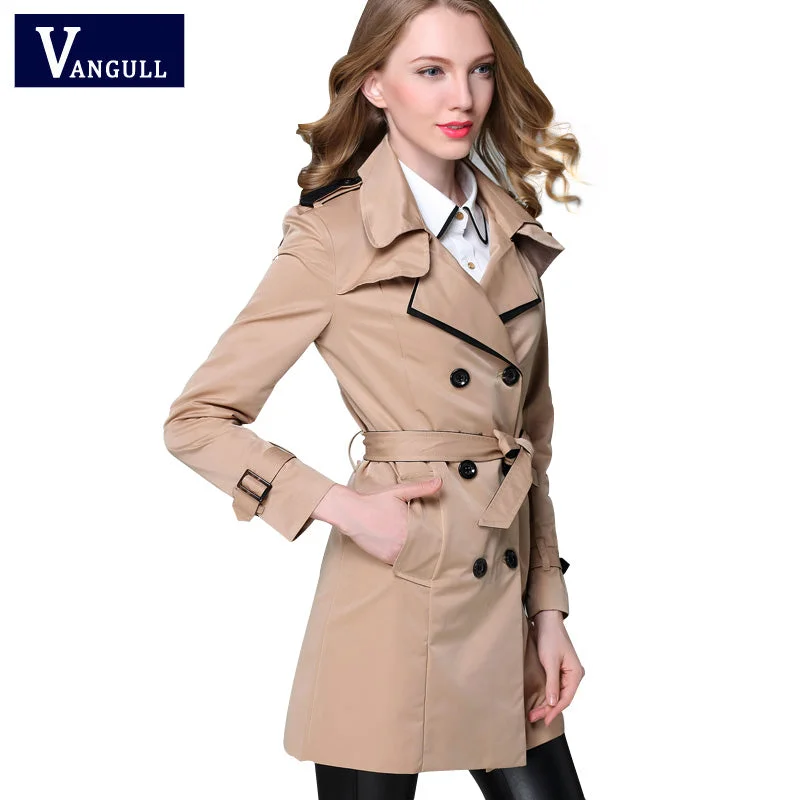 VANGULL 2017 New Fashion Designer Brand Classic European Trench Coat khaki Black Double Breasted Women Pea Coat real photos