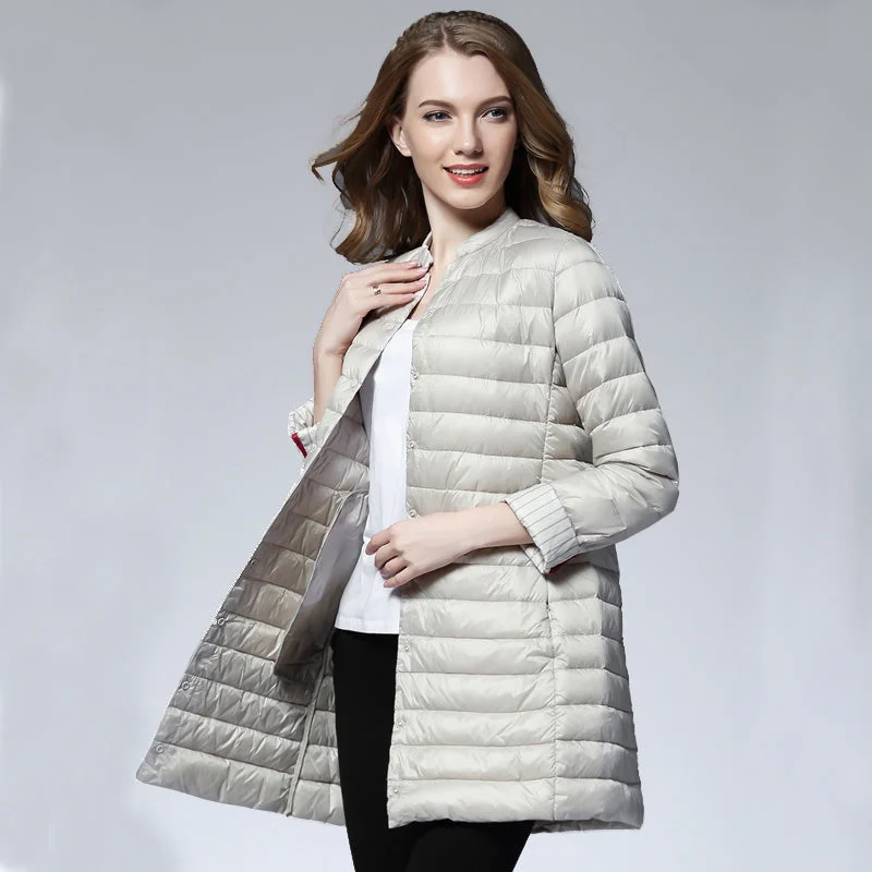 Woman Spring Padded Warm Coat Ultra Light Duck Down Jacket Long Female Overcoat Slim Solid Jackets Winter Coat Portable Parkas