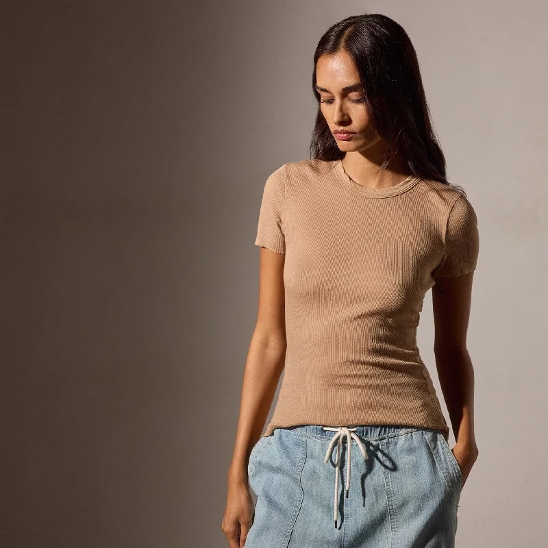 Cotton Cashmere Blend Ribbed Crew - Vicuna