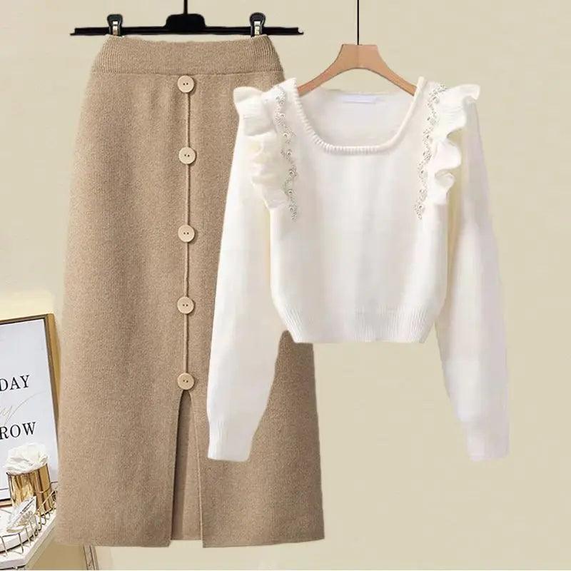 Beaded Sweater Top Women Skirts Outfit Set